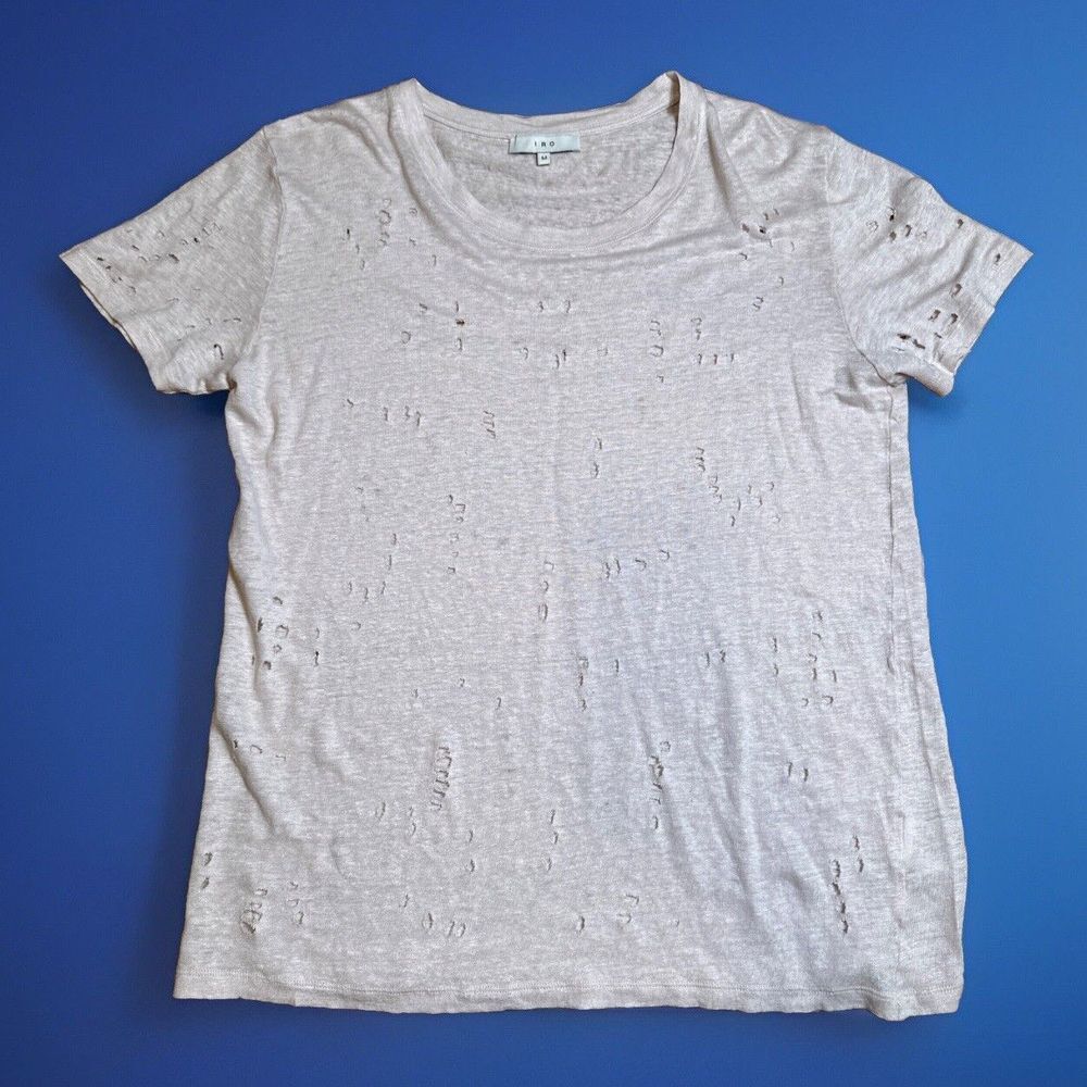 IRO Women's Short Sleeve Distressed Linen TShirt Pink Size Medium